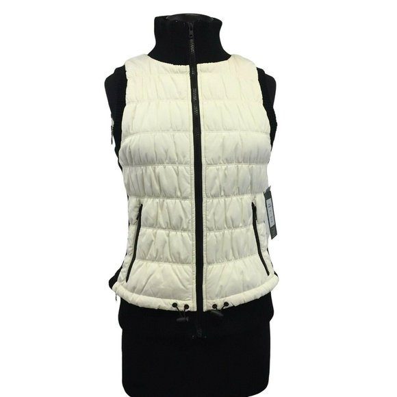 Black Rivet Puffer Vest Womens M Ivory Black Zipper Pockets Wilsons Leather - Picture 1 of 12